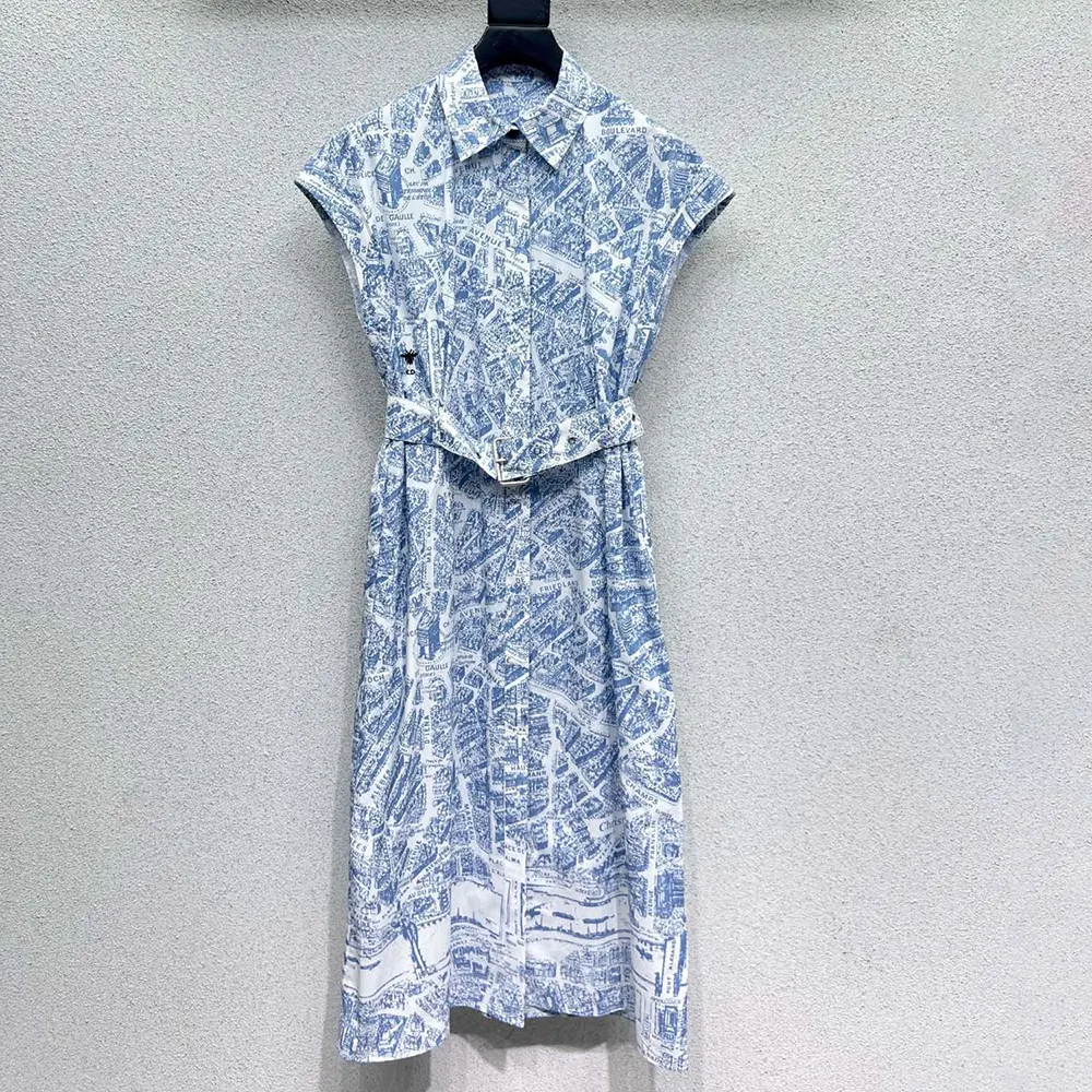 Dior Women Mid-Length Belted Shirtdress White and Chambray Blue Cotton and Silk Poplin (2) Dior Dam Mellanlång Skjortklänning med Bälte Vit och Chambrayblå Bomulls- och Sidenpoplin