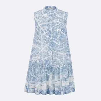 Dior Women Short Dress White and Chambray Blue Cotton Muslin with Plan de Paris Motif