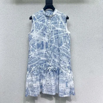 Dior Women Short Dress White and Chambray Blue Cotton Muslin with Plan de Paris Motif