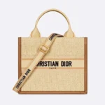 Dior Women Small Dior Book Tote Beige Dior Oblique Embroidered Raffia and Camel Calfskin