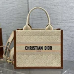 Dior Women Small Dior Book Tote Beige Dior Oblique Embroidered Raffia and Camel Calfskin
