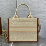Dior Women Small Dior Book Tote Beige Dior Oblique Embroidered Raffia and Camel Calfskin