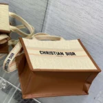 Dior Women Small Dior Book Tote Beige Dior Oblique Embroidered Raffia and Camel Calfskin