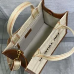 Dior Women Small Dior Book Tote Beige Dior Oblique Embroidered Raffia and Camel Calfskin