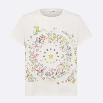 Dior Women T-Shirt White Cotton Jersey with Multicolor Dior Astral Flowers Motif