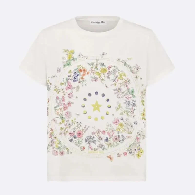 Dior Women T-Shirt White Cotton Jersey with Multicolor Dior Astral Flowers Motif