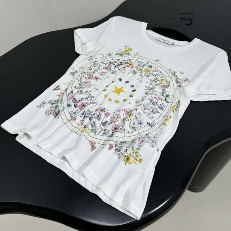 Dior Women T-Shirt White Cotton Jersey with Multicolor Dior Astral Flowers Motif