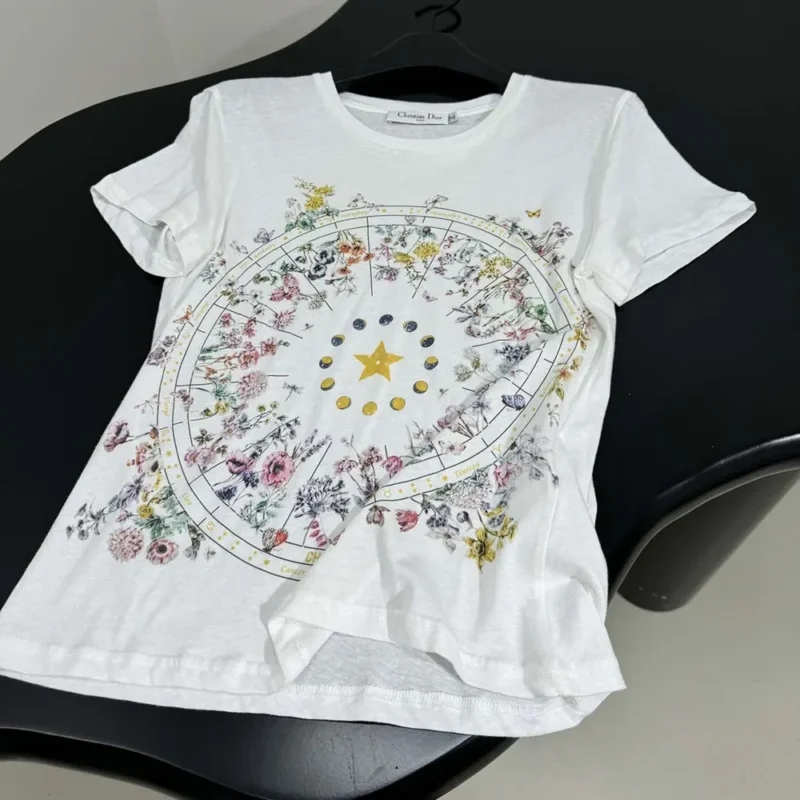 Dior Women T-Shirt White Cotton Jersey with Multicolor Dior Astral Flowers Motif