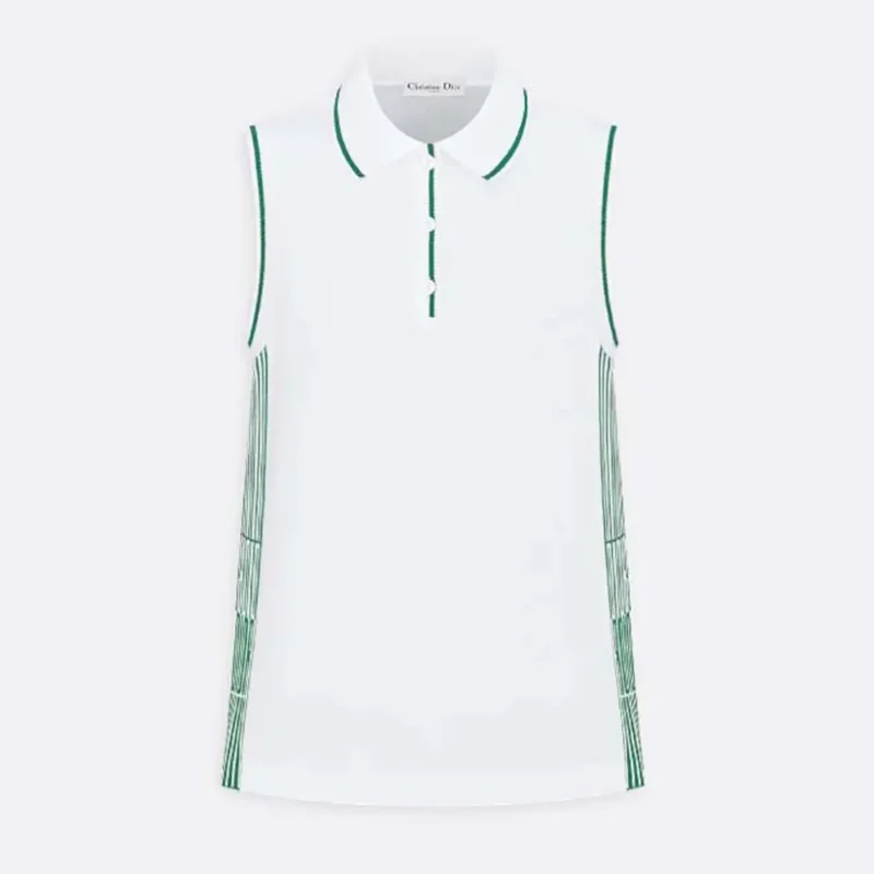 Dior Women Vibe Sleeveless Polo Shirt White Cotton Jersey with Pine Green Dior Graphique Motif