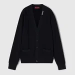 Gucci Men Silk Cotton Cardigan with Intarsia Navy Rib Silk Cotton Knit