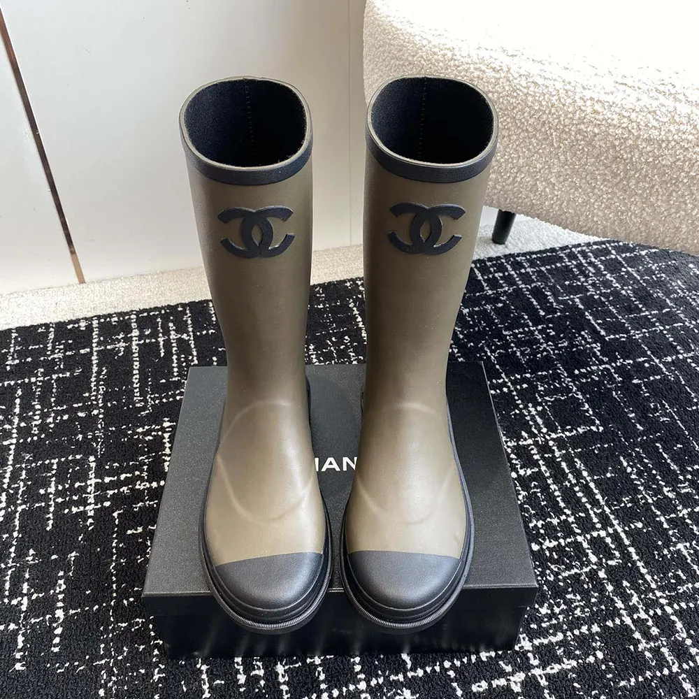 Chanel Women CC Monogram Bicolor Rain Boots-Dark Green (1) Chanel Women CC Monogram Bicolor Rain Boots-Dark Green