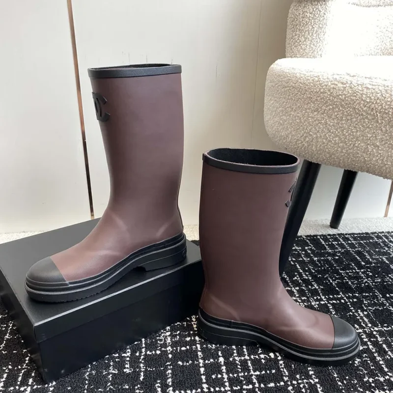 Chanel Women CC Monogram Bicolor Rain Boots-Dark Maroon