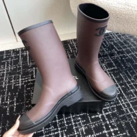 Chanel Women CC Monogram Bicolor Rain Boots-Dark Maroon (1)