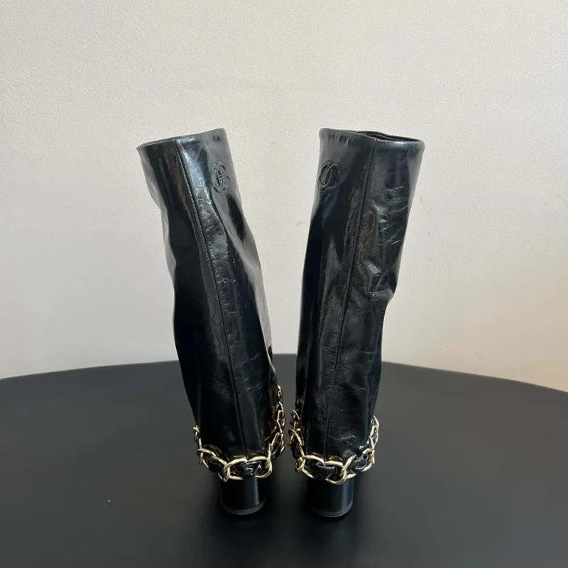 Chanel Stivali alti da donna in pelle di agnello grosgrain-nero G46677