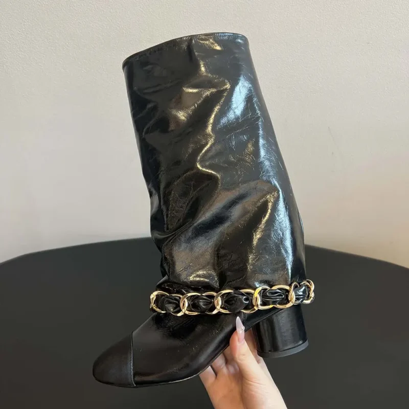 Chanel Stivali alti da donna in pelle di agnello grosgrain-nero G46677