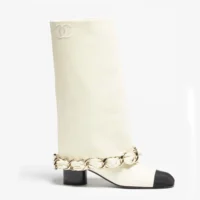 Botas altas Chanel para mujer de piel de cordero y grosgrain blanco G46677
