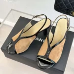 Chanel Women Sandals Suede Calfskin Patent Calfskin-Brown