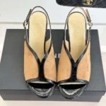 Chanel Women Sandals Suede Calfskin Patent Calfskin-Brown