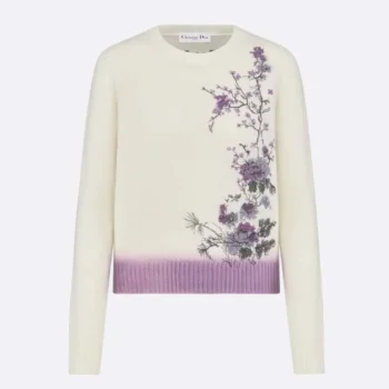 Dior Women Embroidered Sweater Gray Cashmere Knit with Multicolor Dior Pine Tree Motif