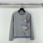 Dior Women Embroidered Sweater White Cashmere Knit with Multicolor Dior Pivoine Motif