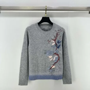 Dior Women Embroidered Sweater White Cashmere Knit with Multicolor Dior Pivoine Motif