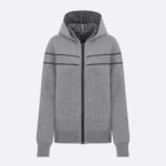 Dior Women Reversible Hooded Cardigan Gray Cashmere-Blend Knit with Dior Oblique Motif