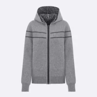 Dior Women Reversible Hooded Cardigan Gray Cashmere-Blend Knit with Dior Oblique Motif