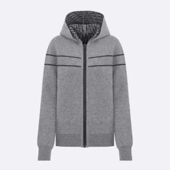 Dior Women Reversible Hooded Cardigan Gray Cashmere-Blend Knit with Dior Oblique Motif