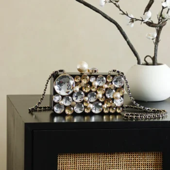 Chanel Women Evening Bag Plexi Strass Imitation Pearls & Gold-Tone Metal