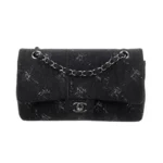 Chanel Women Medium Classic Black Bleached Chain Printed Denim Flap Bag