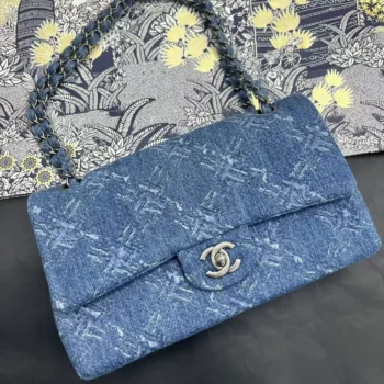 Chanel Women Medium Classic Blue Bleached Chain Printed Denim Flap Bag