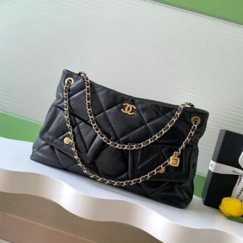 Chanel Women Shopping Bag Shiny Lambskin & Gold-Tone Metal-Black