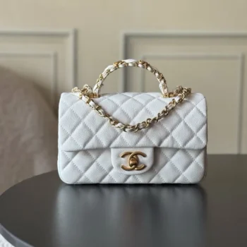 Chanel Women Small Flap Bag with Top Handle Grained Shiny Calfskin Gold Tone Metal