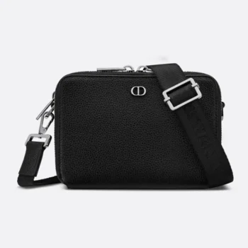 Dior Men CD Icon Zipped Pouch with Strap Black Grained Calfskin