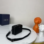 Dior Men CD Icon Zipped Pouch with Strap Black Grained Calfskin