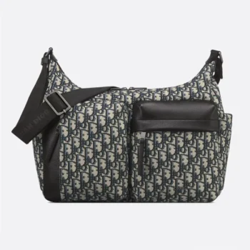 Dior Men Medium Rider Soft Hobo Bag Beige and Black Dior Oblique Jacquard with Black Grained Calfskin