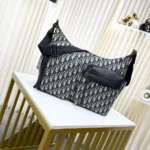 Dior Men Medium Rider Soft Hobo Bag Beige and Black Dior Oblique Jacquard with Black Grained Calfskin