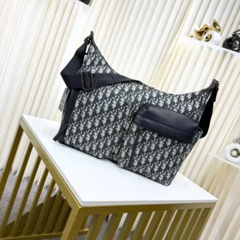 Dior Men Medium Rider Soft Hobo Bag Beige and Black Dior Oblique Jacquard with Black Grained Calfskin