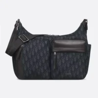 Dior Men Medium Rider Soft Hobo Bag Black Dior Oblique Jacquard and Black Grained Calfskin