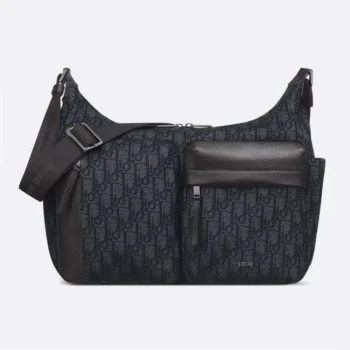 Dior Men Medium Rider Soft Hobo Bag Black Dior Oblique Jacquard and Black Grained Calfskin
