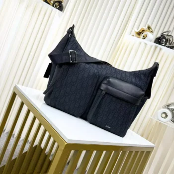 Dior Men Medium Rider Soft Hobo Bag Black Dior Oblique Jacquard and Black Grained Calfskin