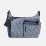 Dior Men Medium Rider Soft Hobo Bag Blue Dior Oblique Jacquard and Blue Grained Calfskin