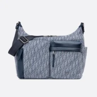 Dior Men Medium Rider Soft Hobo Bag Blue Dior Oblique Jacquard and Blue Grained Calfskin