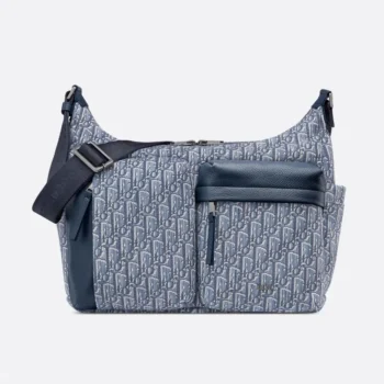 Dior Men Medium Rider Soft Hobo Bag Blue Dior Oblique Jacquard and Blue Grained Calfskin