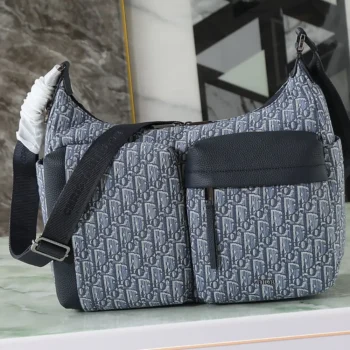 Dior Men Medium Rider Soft Hobo Bag Blue Dior Oblique Jacquard and Blue Grained Calfskin