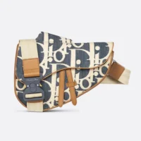 Dior Men Saddle Bag Blue and Beige Raffia-Effect Dior Oblique Denim