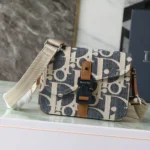 Dior Men Saddle Messenger Bag Blue and Beige Raffia-Effect Dior Oblique Denim