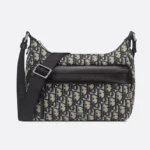 Dior Men Small Rider Soft Hobo Bag Beige and Black Dior Oblique Jacquard with Black Grained Calfskin