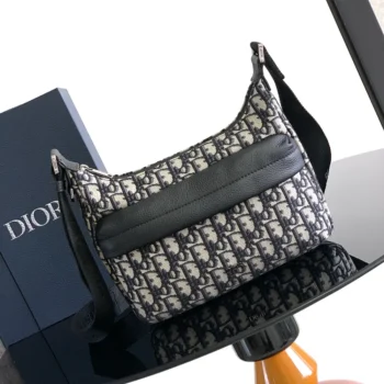 Dior Men Small Rider Soft Hobo Bag Beige and Black Dior Oblique Jacquard with Black Grained Calfskin