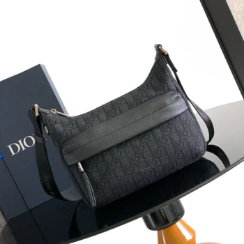 Dior Men Small Rider Soft Hobo Bag Black Dior Oblique Jacquard and Black Grained Calfskin